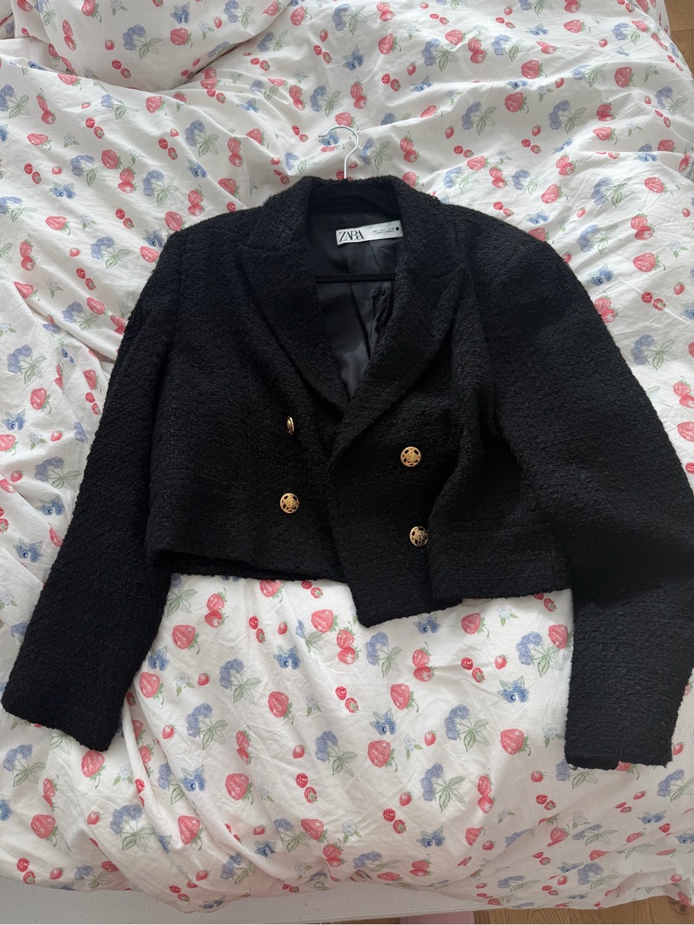 Zara Black Cropped Bouclé Tweed Double-Breasted Jacket